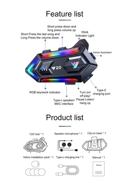 Y20 5.3 Motosiklet Kask Bluetooth Kulaklık Intercom Işıklı