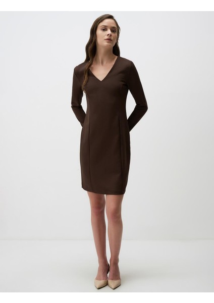 Kahverengi V Yaka Uzun Kollu Mini Elbise fiyatları