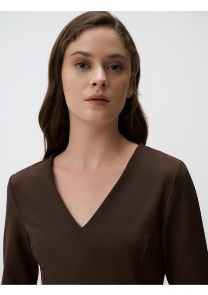 Kahverengi V Yaka Uzun Kollu Mini Elbise indirimleri