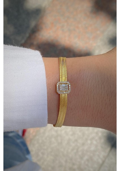 Gümüş Baget Taşlı Trabzon Ince Hasır Bileklik