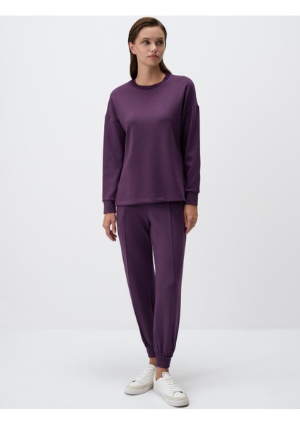 Mor Bisiklet Yaka Uzun Kollu Oversize Sweatshirt