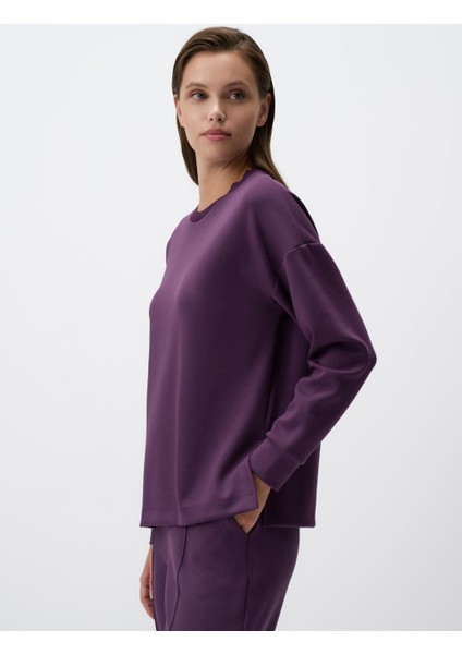 Mor Bisiklet Yaka Uzun Kollu Oversize Sweatshirt