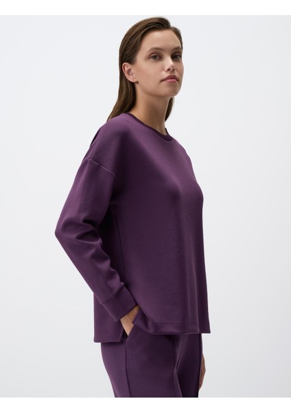 Mor Bisiklet Yaka Uzun Kollu Oversize Sweatshirt