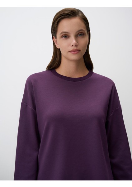 Mor Bisiklet Yaka Uzun Kollu Oversize Sweatshirt