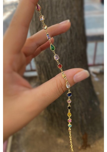 Gümüş Altın Kaplama Renkli Taşlı Bileklik CM56E232