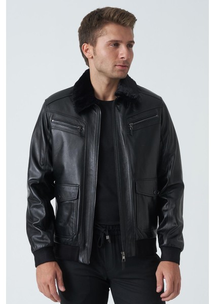 Armagh 5005 Slim Fit Torba Cep Kuzu Derisi Mont Siyah