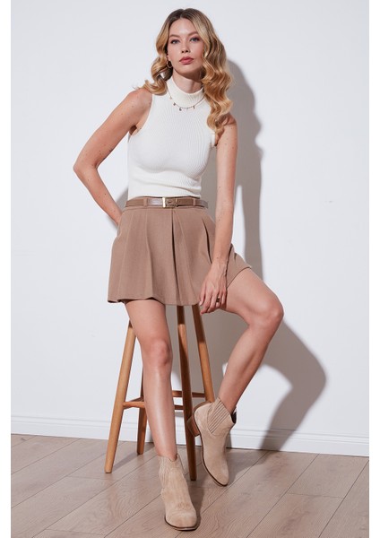 Streç Standart Fit Pileli Kışlık Mini Şort Etek Bayan Şort Etek 611SR00016