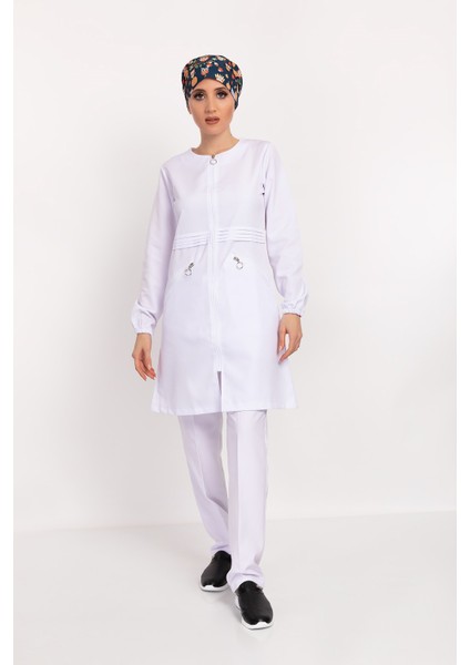 Badem Model Soft Likra Fermuarlı Beyaz Renk Cerrahi Üniforma Takım