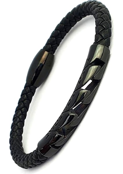 Siyah Rodajli 316L Anti Alerjik Siyah Deri Erkek Tasarım Bileklik fiyatları