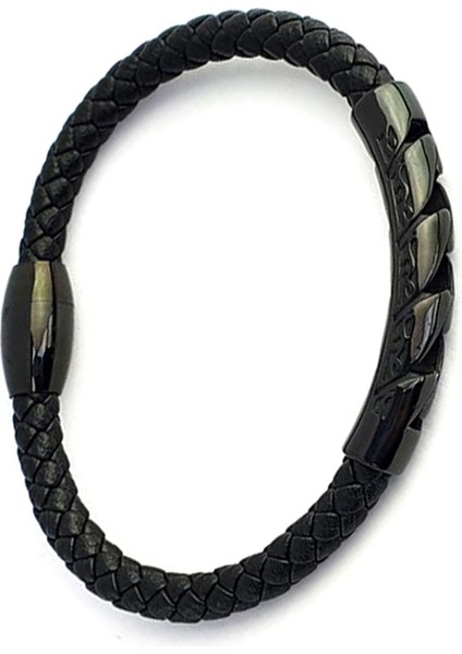 Siyah Rodajli 316L Anti Alerjik Siyah Deri Erkek Tasarım Bileklik modelleri