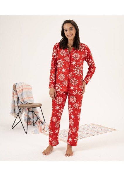 Kartanesi Desen Önden Düğmeli Süet Bayan Pijama Takım