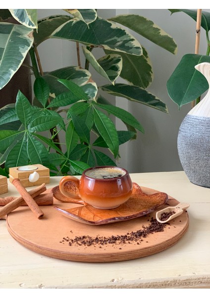 Dekoratif Yaprak Figürlü 1 Kişilik Kahve Fincanı Seti Kabak Yaprağı (Kahvekızıl)