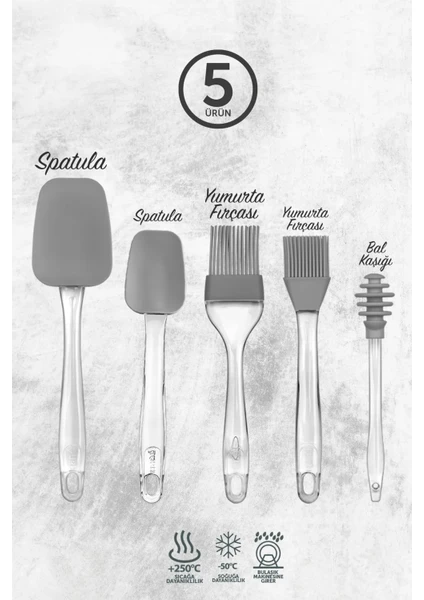 5 Adet Gri Silikon Spatula, Yağ Fırçası Seti