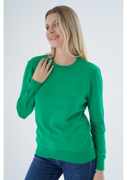 Kadın Yeşil %100 Organik Pamuk Bisiklet Yaka Triko Kazak Bluz TRIST-6101