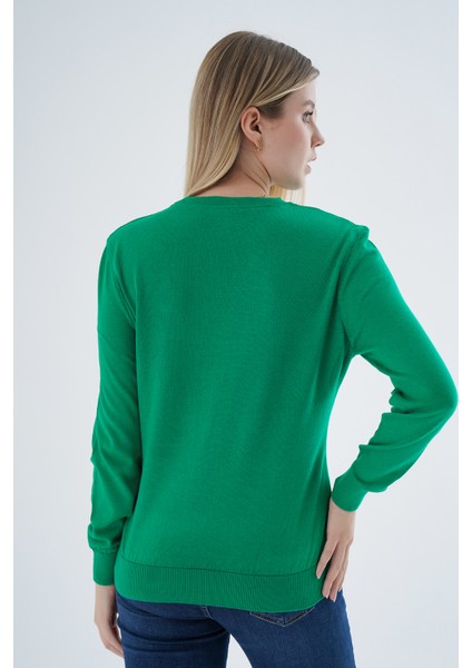 Kadın Yeşil %100 Organik Pamuk Bisiklet Yaka Triko Kazak Bluz TRIST-6101