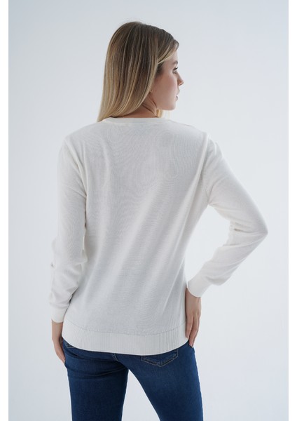 Kadın Ekru %100 Organik Pamuk Bisiklet Yaka Triko Kazak TRIST-6101 fırsatları