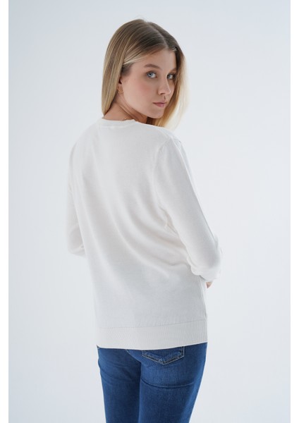 Kadın Ekru %100 Organik Pamuk Bisiklet Yaka Triko Kazak TRIST-6101 indirimleri