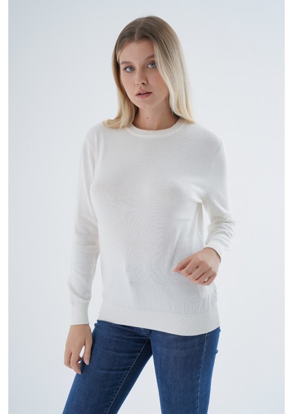 Kadın Ekru %100 Organik Pamuk Bisiklet Yaka Triko Kazak TRIST-6101