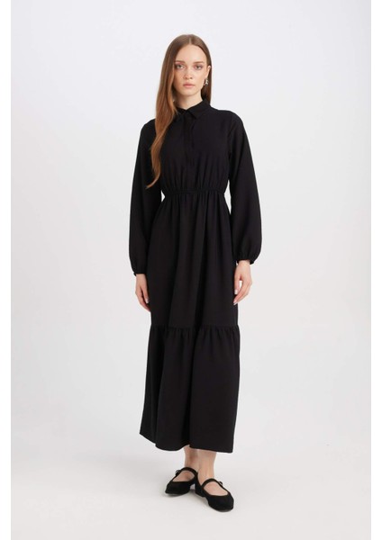 Gömlek Yaka Basic Düz Düğmeli Beli Büzgülü Uzun Kollu Maxi Siyah Elbise D5851AX24AU