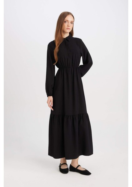 Gömlek Yaka Basic Düz Düğmeli Beli Büzgülü Uzun Kollu Maxi Siyah Elbise D5851AX24AU