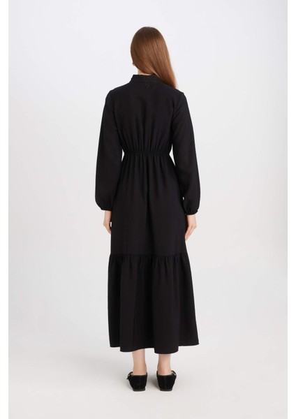 Gömlek Yaka Basic Düz Düğmeli Beli Büzgülü Uzun Kollu Maxi Siyah Elbise D5851AX24AU