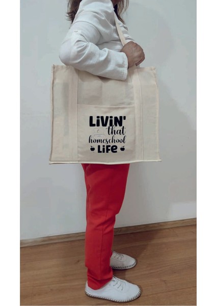 "livin The Home School"baskılı (Çift Taraf Cepli) Kanvas Çanta