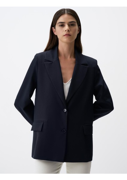 Lacivert Düz Kesim Uzun Kollu Blazer Ceket