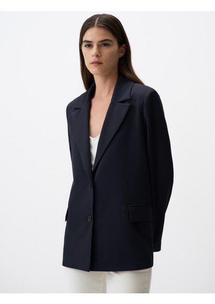 Lacivert Düz Kesim Uzun Kollu Blazer Ceket