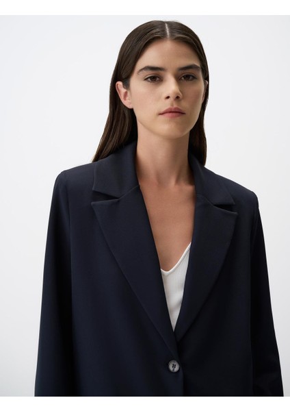 Lacivert Düz Kesim Uzun Kollu Blazer Ceket