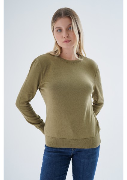 Kadın Olive %100 Organik Pamuk Bisiklet Yaka Triko Kazak TRIST-6101 modelleri