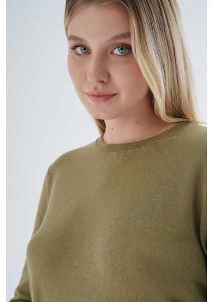 Kadın Olive %100 Organik Pamuk Bisiklet Yaka Triko Kazak TRIST-6101 fırsatları