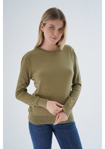 Kadın Olive %100 Organik Pamuk Bisiklet Yaka Triko Kazak TRIST-6101 indirimleri