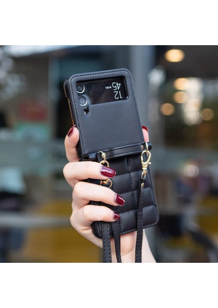 Anti-Düşen Telefon Kılıfı Için Samsung Galaxy Z Flip4 5g Telefon Kılıfı Omuz Askılı Kare Izgara Deri Kapak-Siyah (Yurt Dışından) indirimleri