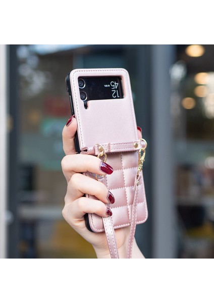 Anti-Düşen Telefon Kılıfı Için Samsung Galaxy Z Flip4 5g Telefon Kılıfı Omuz Askısı ile Kare Izgara Deri Kapak-Gül Altın (Yurt Dışından) indirimleri