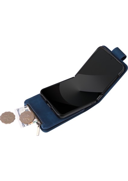 Anti-Düşen Telefon Kılıfı Için Samsung Galaxy Z Flip6 5g Deri Kılıf Fermuar Cüzdan Telefon Kapak Omuz Askılı-Mavi (Yurt Dışından)