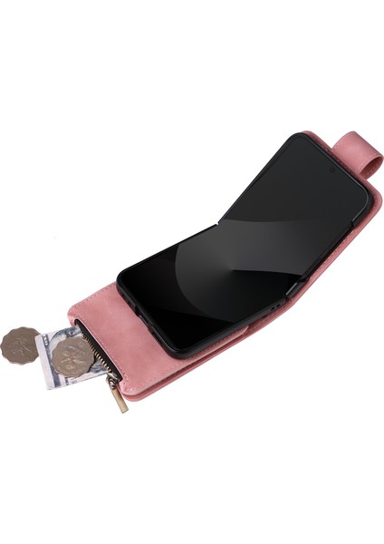 Anti-Düşen Telefon Kılıfı Için Samsung Galaxy Z Flip6 5g Deri Kılıf Fermuar Cüzdan Telefon Kapak Omuz Askılı-Pembe (Yurt Dışından)