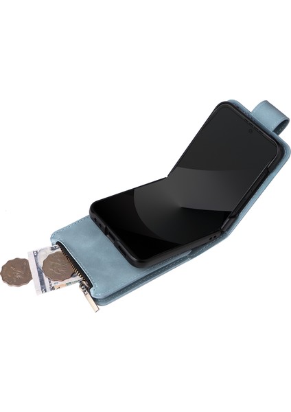 Anti-Düşen Telefon Kılıfı Için Samsung Galaxy Z Flip6 5g Deri Kılıf Fermuar Cüzdan Telefon Kapak Omuz Askılı-Gökyüzü Mavi (Yurt Dışından)