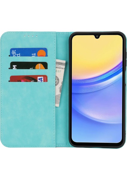 Anti-Düşen Telefon Kılıfı Için Samsung Galaxy A15 5g Kılıf Buzağı Dokusu 3 Kart Yuvaları Renk Ekleme Deri Telefon Kapağı-Açık Mavi + Koyu Mavi (Yurt Dışından)