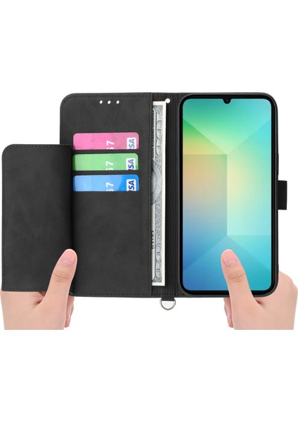 Anti-Düşen Telefon Kılıfı Için Samsung Galaxy A06 Kılıf Çiçek Desenli Pu Deri Cüzdan Telefon Kapaklı Kayış-Siyah (Yurt Dışından)