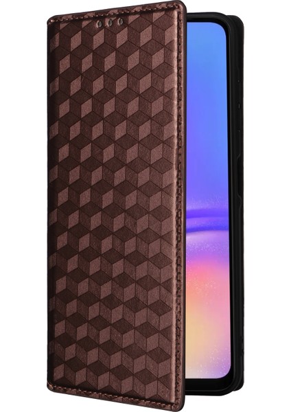 Samsung Galaxy A06 Cüzdan Kılıfı Için Anti-Düşme Telefon Kılıfı Eşkenar Dörtgen Baskılı Deri Telefon Kapağı-Kahverengi (Yurt Dışından)