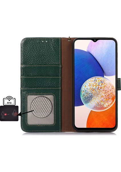 Anti-Düşen Telefon Kılıfı Için Samsung Galaxy M35 5g Durumda Rfıd Engelleme Hakiki Inek Deri Telefon Kapağı-Yeşil (Yurt Dışından)