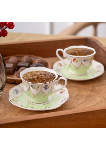 Kır Çiçekleri 2 Kişilik Kahve Fincan Takımı Yeşil 80 ml