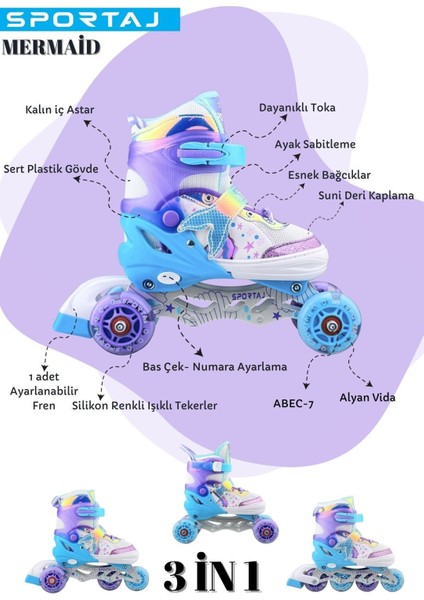 Çocuk Pateni Deniz Kızı Işıklı Paten 2+2 Kız Çocuk Pateni Silikon Teker,taşıma Çantalı 3 In 1 Teker