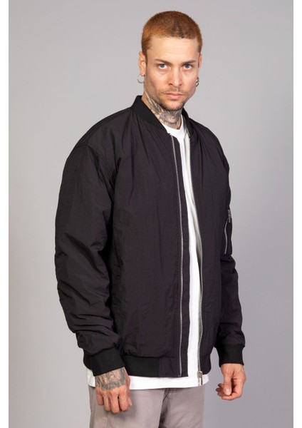 Siyah Regular Fit /krinkıl Kumaş Içi Kapitone Pilot Erkek Ceket (Ilkbahar-Sonbahar-Kış)