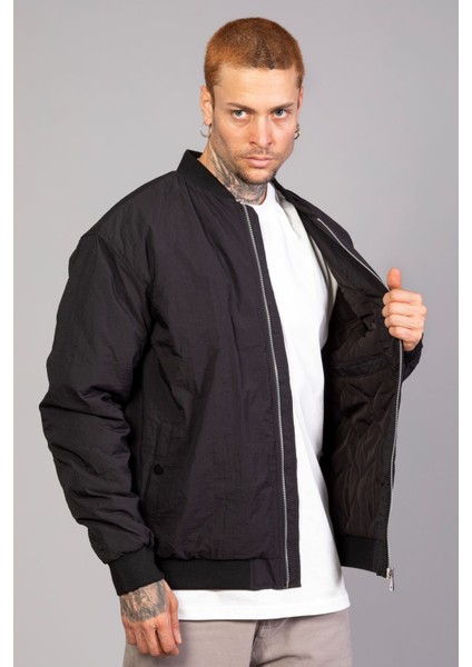 Siyah Regular Fit /krinkıl Kumaş Içi Kapitone Pilot Erkek Ceket (Ilkbahar-Sonbahar-Kış)