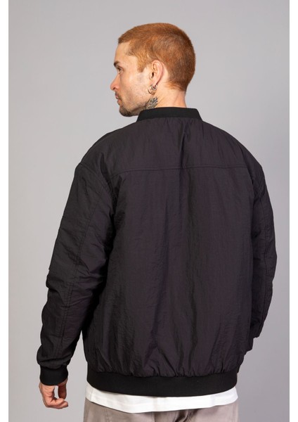 Siyah Regular Fit /krinkıl Kumaş Içi Kapitone Pilot Erkek Ceket (Ilkbahar-Sonbahar-Kış)