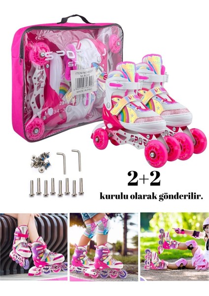 Tek / Çift Sıra Unicorn Işıklı Paten 2+2 Gökkuşağı Kız Çocuk Pateni Silikon Teker,taşıma Çantalı 3