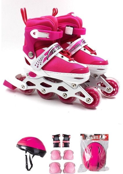 4 Pembe Ayarlanabilir, Full Set ( Kask Dizlik Seti Dahil) Çocuk Başlangıç Pateni Çocuk Pateni Pembe