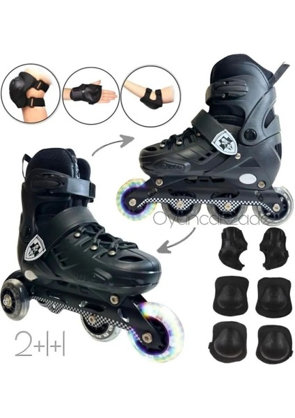 Çift Sıra Siyah Teker Ayarlanabilir Çocuk Alıştırma Paten 2 Fonksiyon Koruyucu Set 4 Siyah 6 - 8 Ya