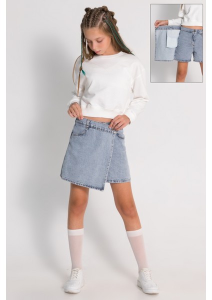 Beli Ayarlanabilir Lastikli Cepli Düğmeli Kruvaze Pamuklu Kız Çocuk Kot Şort Etek